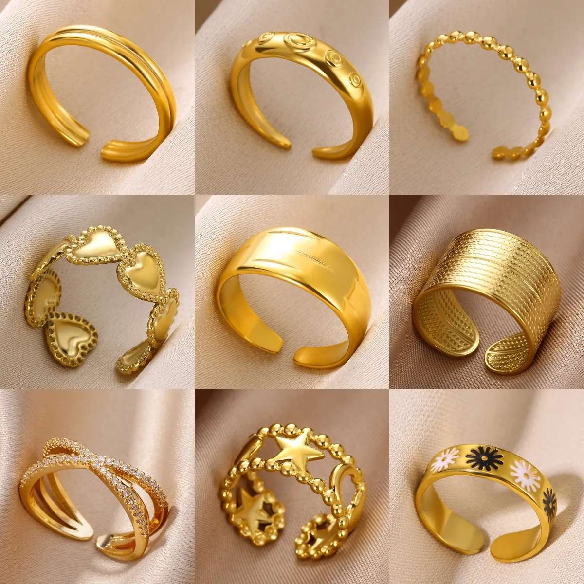 Minimalistische, breite, glatte, offene Ringe für Damen, goldfarben, Edelstahl, wasserdichte Ringe, klassische Eleganz, Schmuck, kostenloser Versand