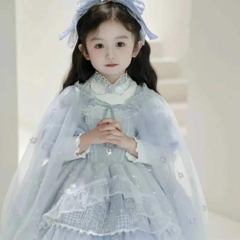 2026 Girls' Round Neck Lolita Blue Princess Dress Chlidren's Four Seasons Puff Skirt Children's Festival Dress Lolita SkirtLJ284