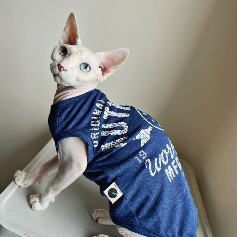 Dinosaur Cotton T-Shirt for Sphynx Cat Spring Summer Soft Blue Sleeveless Vest for Male Cat Elestic Cartoon Coat For Kittens Dog