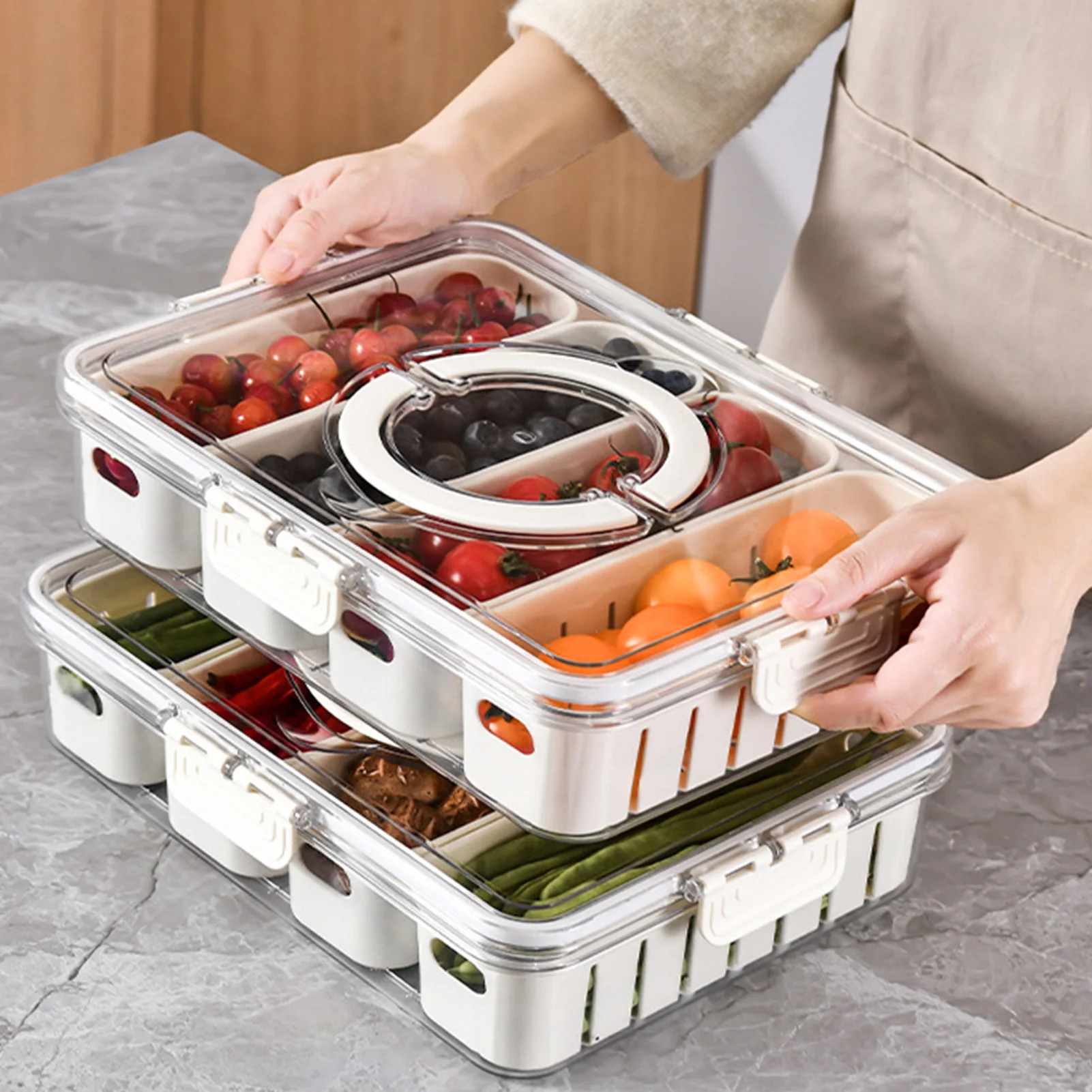 

Divided Serving Tray Storage Box Kitchen Portable Sub-format Seasoning Separator Box Fresh-keeping Snack Fruits Food Box