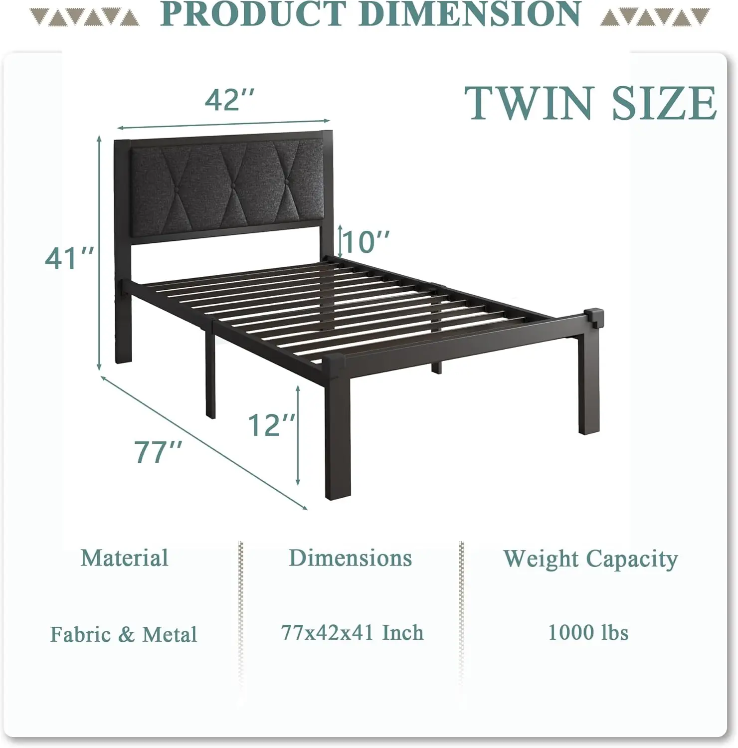 Twin Size Metal Bed Frame with Fabric Button Tufted Headboard, Platform Bed Frame with Heavy Duty Metal Slats, 12