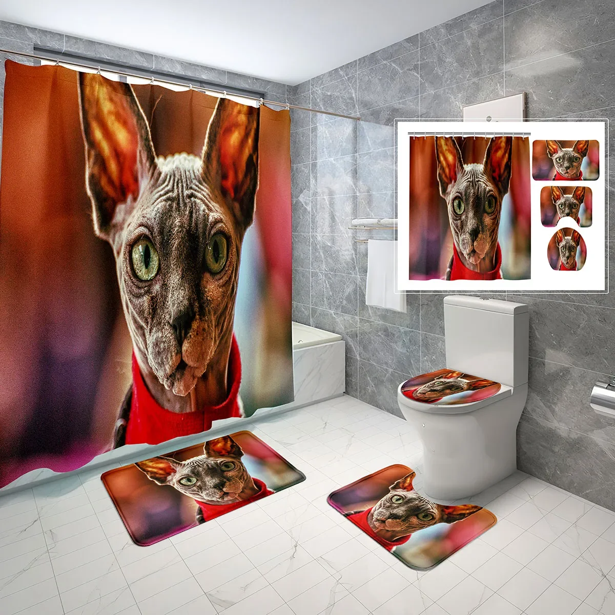 

Sphinx Cat Shower Curtain Sets 4 Pcs with Non-Slip Rugs Mat Toilet Lid Cool Hairless Kitten Waterproof Shower Curtain Sets