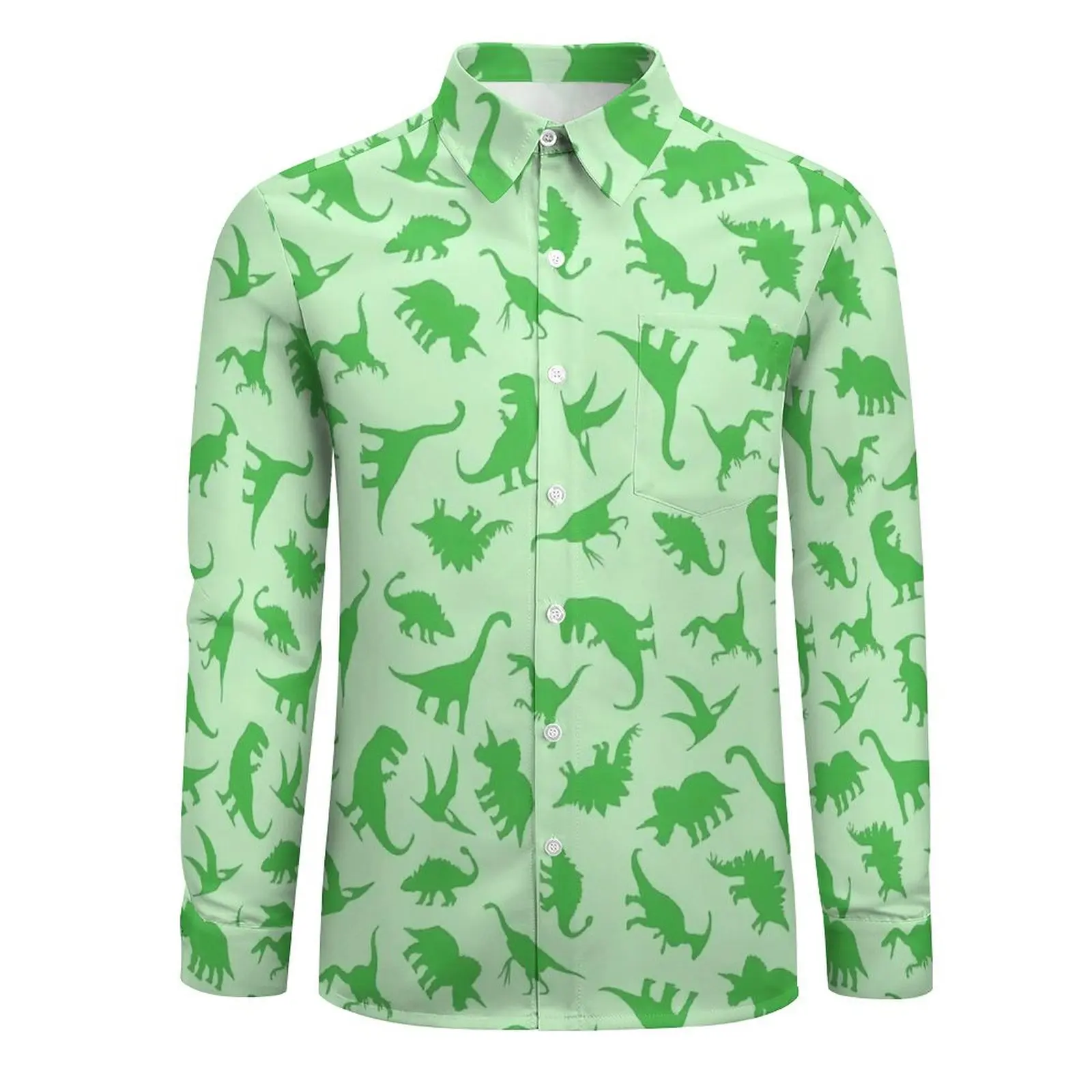 Green Dinosaurs Shirt Autumn Cute Animal Casual Shirts Mens Novelty Blouse Long Sleeve Graphic Streetwear Clothing Plus Size 4XL