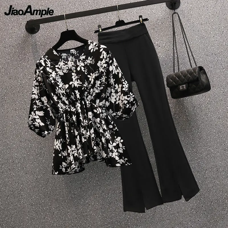 Women's Summer Waist Floral Chiffon Shirt Micro-Pants Two-Piece Korean Elegant V-Neck Print Top Trousers Set Femlae Casual Suit