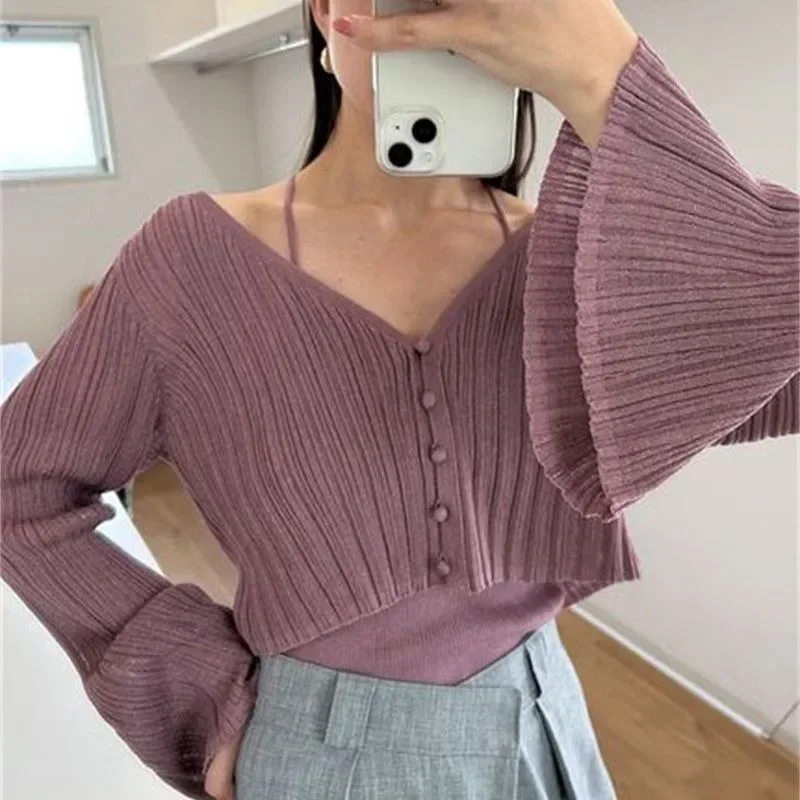 V-neck Long Flare Sleeve Sweater Japan Single Breasted Cardigans Femme  Fall Womens Clothing Sweet Knitwears Tops with Camis