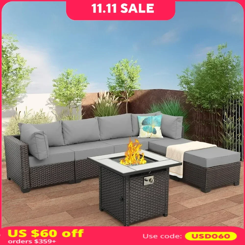 Outdoor Patio Furniture Set 7 Pieces Sectional Sofa with Fire Pit Table, Non-Slip 5