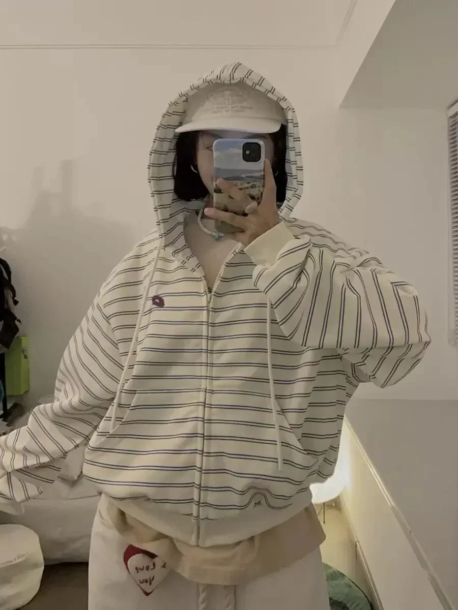 Korean Style Stripe Hooded Cardigan Hoodie Women Autumn New Small Lazy Loose Oversize Zip Hoodie Outerwear Sweatshirt