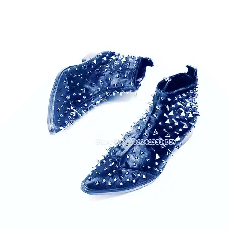 

Black Horse Hair Rivets Zipper Designer Men Dress Shoes Ankle Boots Male Boots Shoes Plus Size 38-47