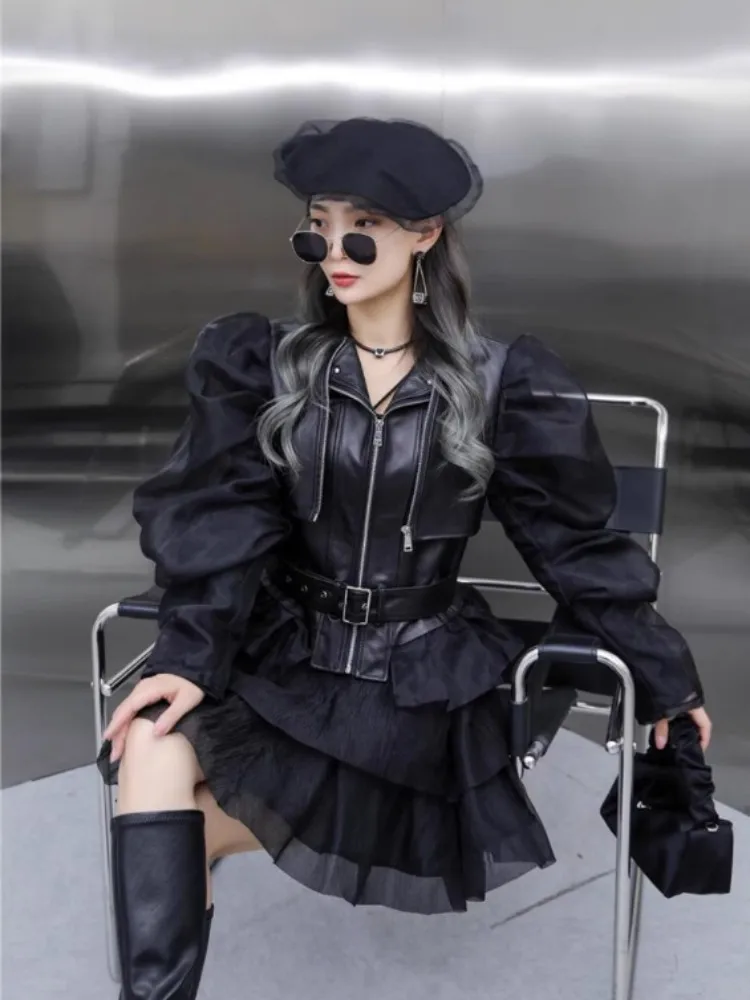 Punk Style Women Genuine Leather Jacket Designer Patchwork Puff Sleeve Slim Fit Sheepskin Short Coat Zipper Fashion Outerwear