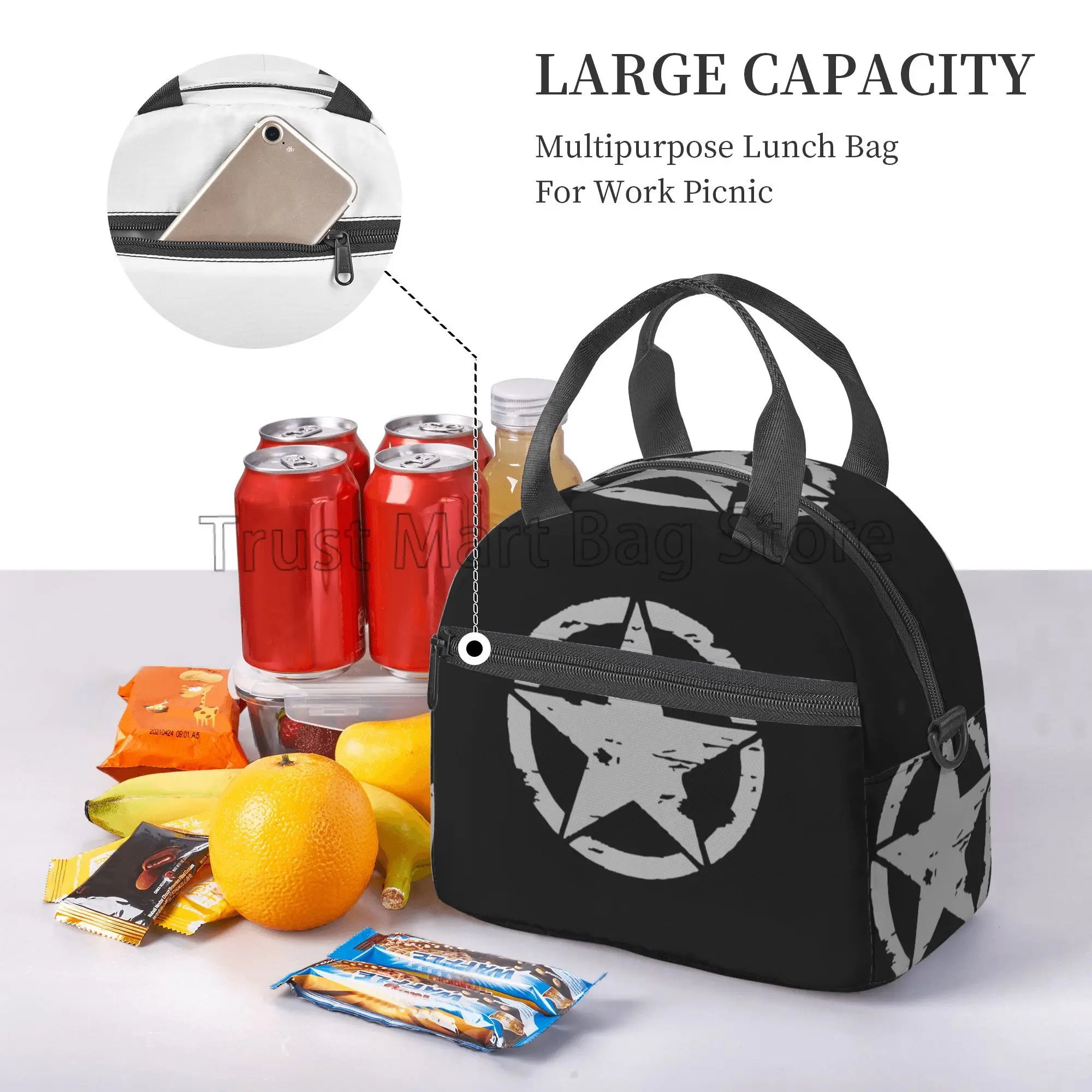 Military Tactical Star Insulated Lunch Bag Reusable Lunch Box with Shoulder Strap Thermal Cooler Tote for School Work Picnic