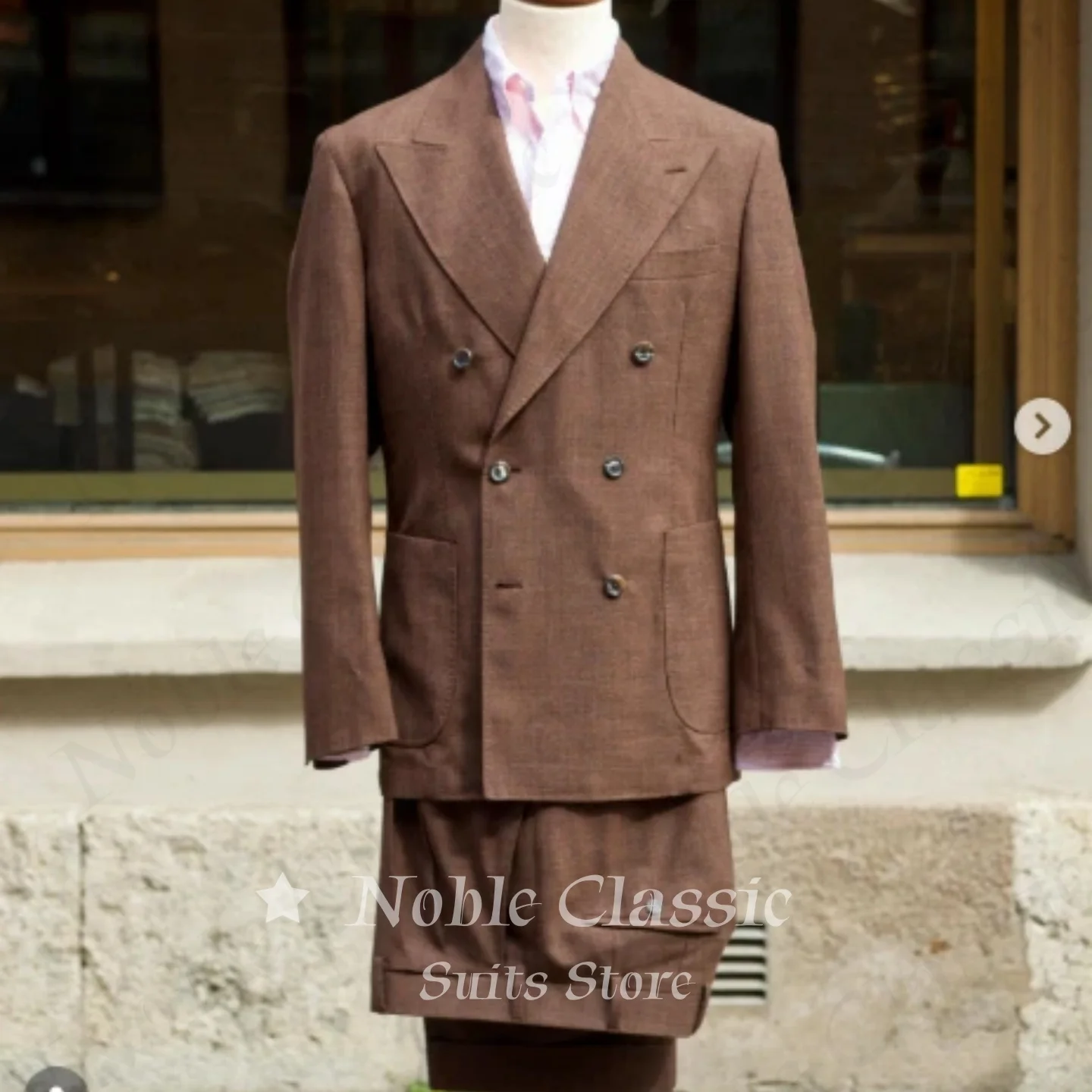 Dark Brown 2 Piece Men Suit Wide Peak Lapel Double Breasted Patch Pocket Trousers Set Summer Business Party Groom Customized