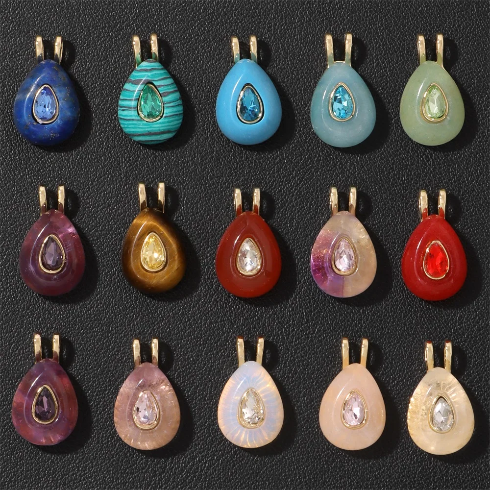 1PC Natural Teardrop Birthstone Pendant Inlaid Zircon Gold Plated Gemstone Charms DIY Necklace Jewelry Making Accessories
