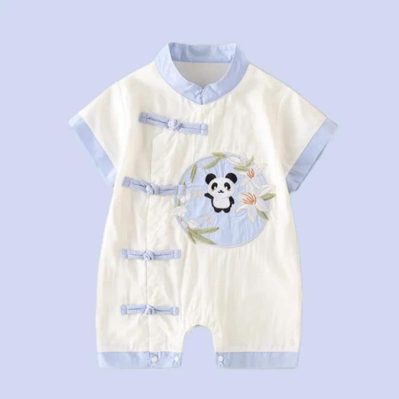 2023 Summer Cotton Baby Jumpsuits Boys Chinese Style Panda Short Sleeve Tang Suit Bodysuit Newborn Rompers 1st Birthday Gifts