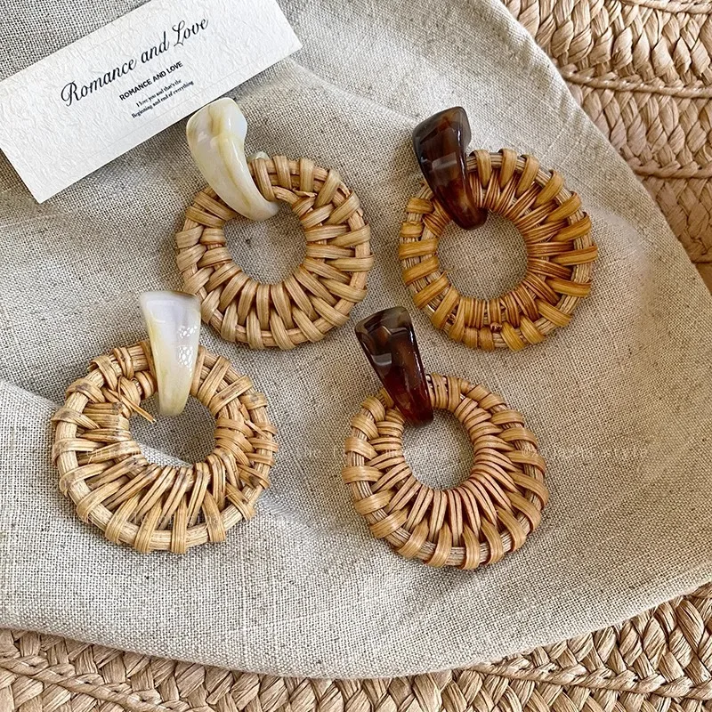 Earrings Bohemian Style Woven Rattan and Wood Oversized Hoop Lightweight Dark Brown Flattering Statement for Women Resort