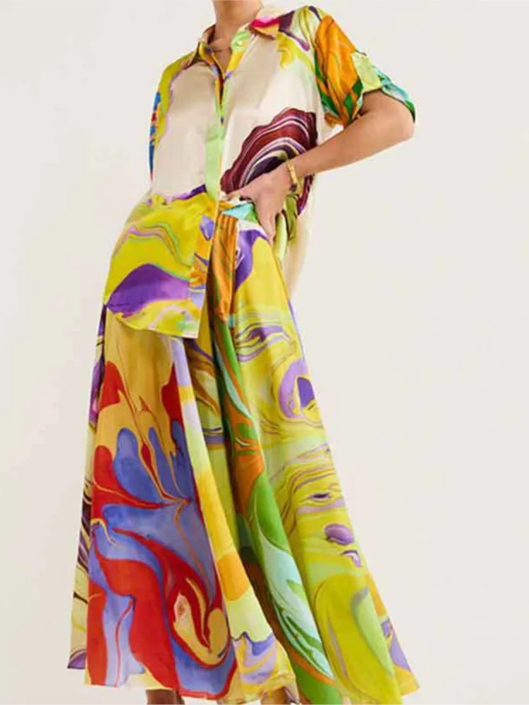 

Летние элегантные комплекты из 2 предметов для женщин, модная рубашка с короткими рукавами и принтом, верхние костюмы, повседневный свободный комплект с юбкой на шнуровке с высокой талией