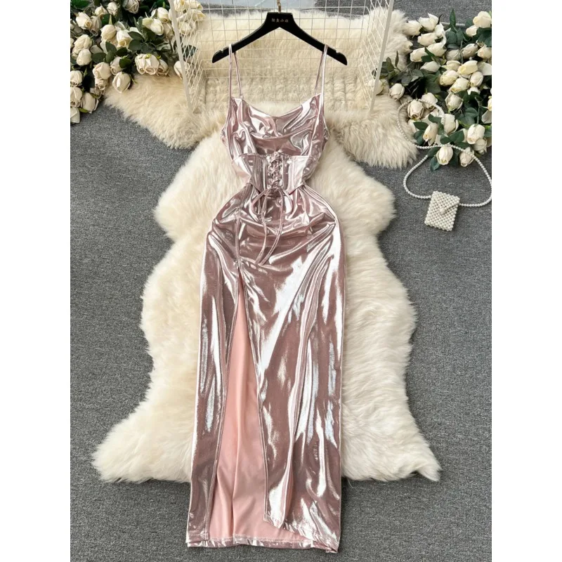 

Sexy Light Luxury Haute Couture Dress Elegant Sparkle Sleeveless Strapless Lace-up Slim split Women's dress Summer 2024