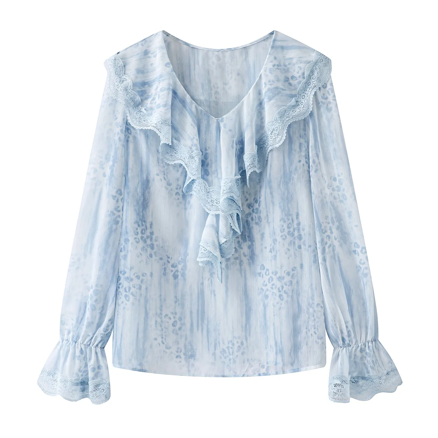 

Синяя блузка с леопардовым принтом и кружевным V-образным вырезом, женская, повседневный стиль, с длинными рукавами-колокол, цветочным узором, весенняя новинка, модный топ