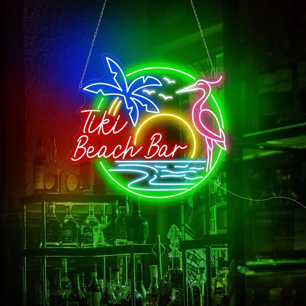 Tiki Beach Bar Neon Sign Parrot And Palm Tree Neon Sign Paradise LED Neon Summer Beach Outdoor Pool Bar Custom Summer Sign Decor