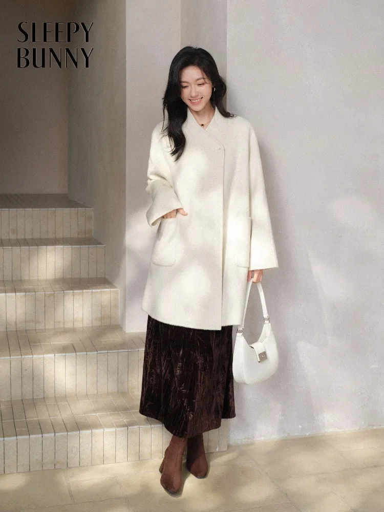 Wool Scarf Neck Coat for Women Lady Premium Double-Face Overcoat Warm Soft Long Jacket Elegant Chic Winter Fashion Outerwear