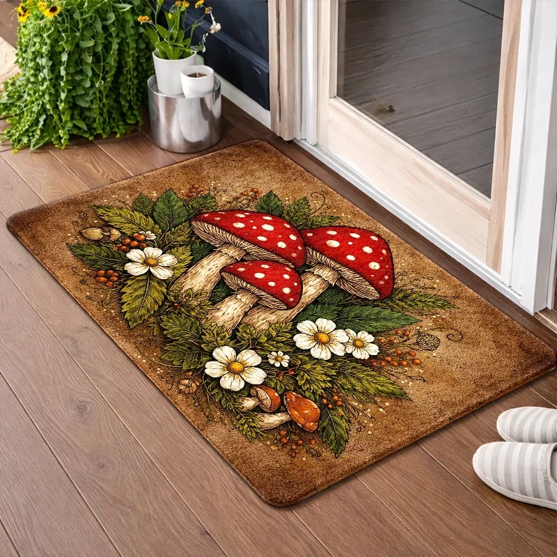 Vintage Mushroom Floral Rectangular Area Rug Wild Daisy Forest Foliage Art Graphic Floor Mat for Entryway Porch Home Decoration