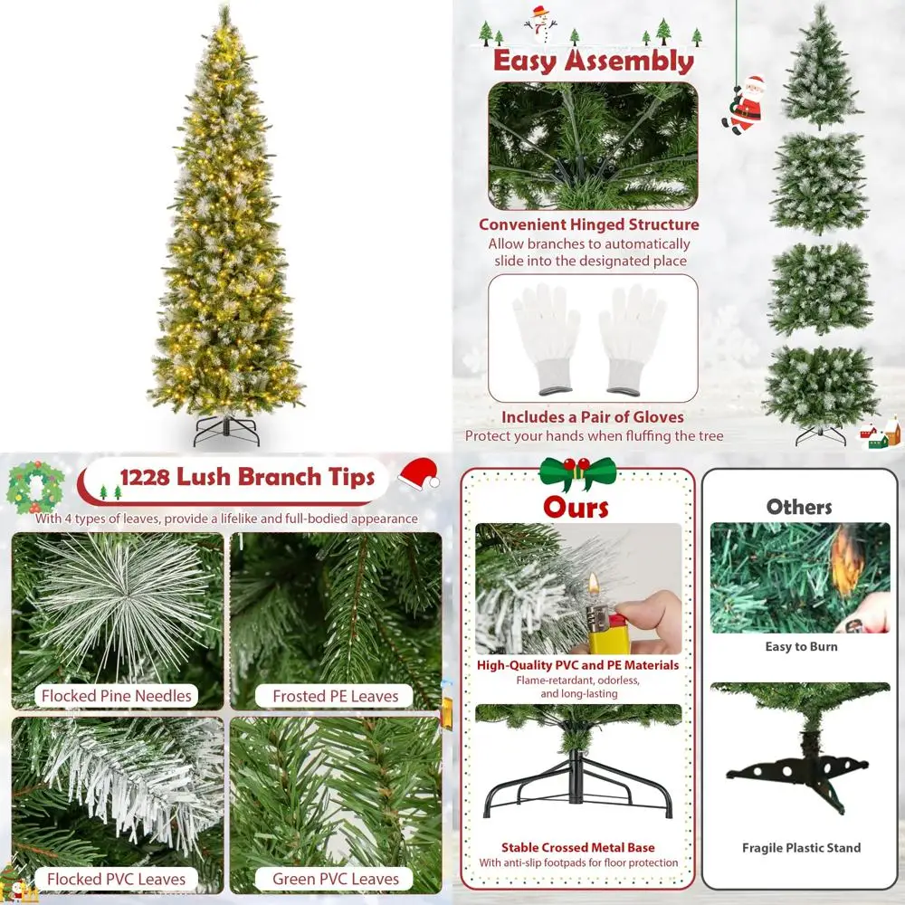 

9ft Tall Pre-Lit Artificial Christmas Tree with 1228 Flocked Tips and 470 LED Lights - Premium Pencil Style Xmas Tree