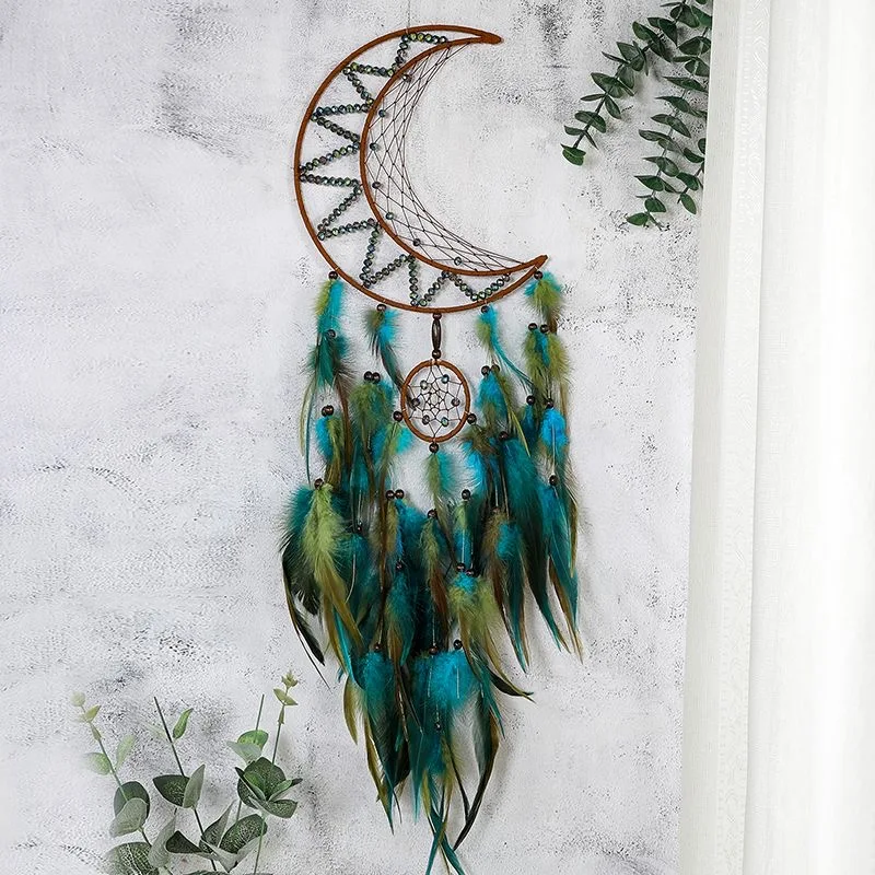 Handcrafted Crescent Moon Dream Catcher  Wall Decor Retro Ethnic Style With Green‑Blue Feathers Beads for Wall Decoration Gift.