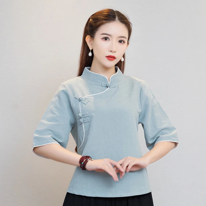 Chinese Style Cotton Linen Top Women's Summer Wear Loose Seven-quarter Sleeve Shirt Chinese Retro Literary Solid Color Tea Dress