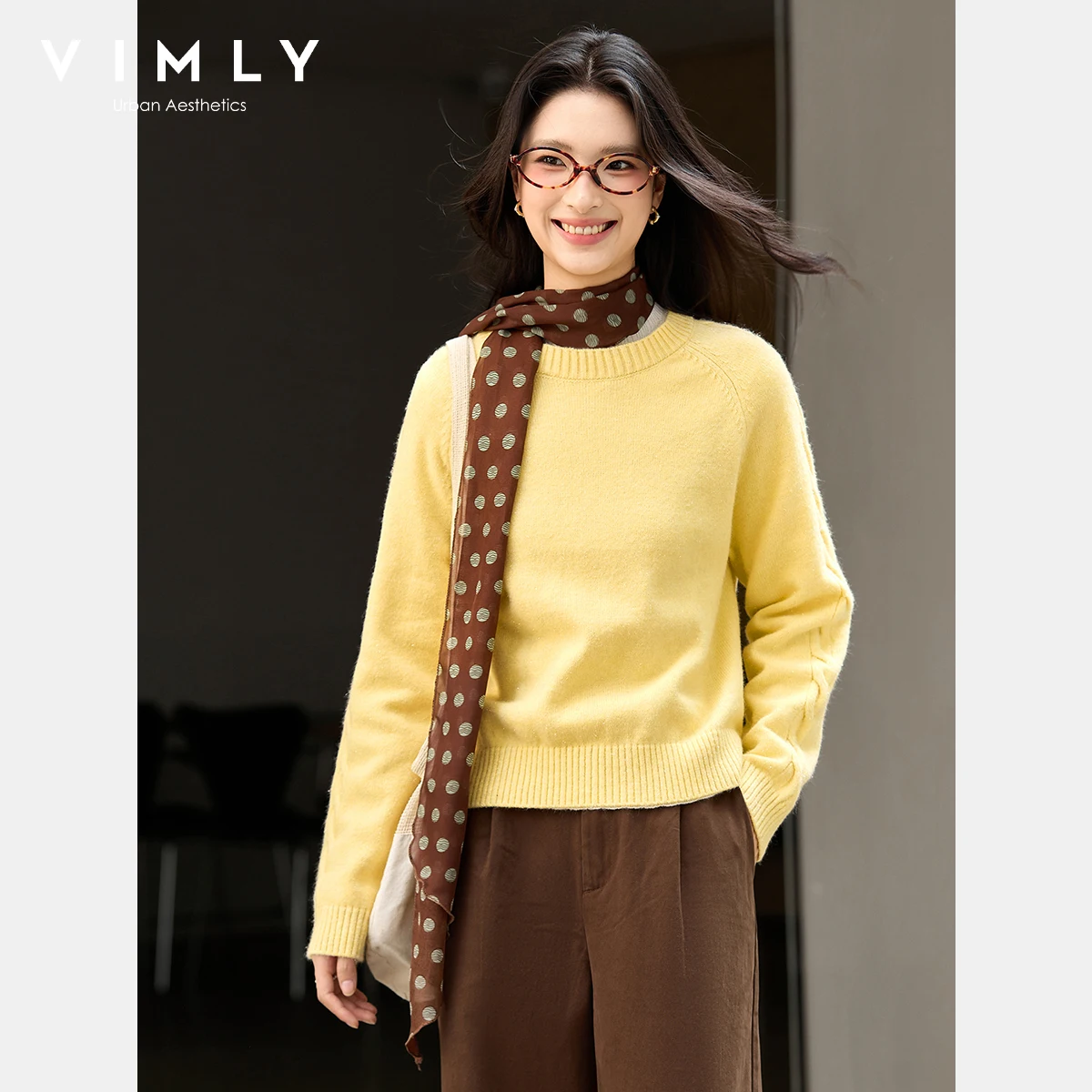 VIMLY jaune pulls femme automne 2025 élégant col rond tricot dame pull décontracté col rond à manches longues femme pulls 75129