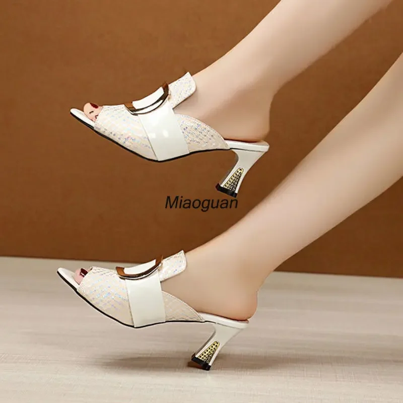 2024 Open-toe Women Sandals Elegant Thick Middle Heels Slippers Fashion  Summer Comfort Woman High Heel Shoes Chaussure Femme