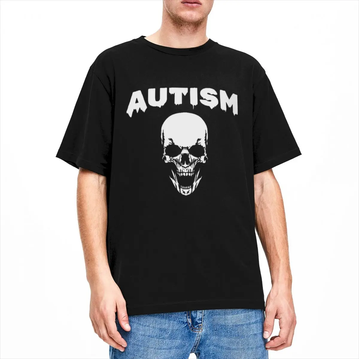 Crazy Autism Skull Logo T-Shirt Men Women's Crew Neck Pure Cotton Skeleton Short Sleeve Tees Graphic Clothing