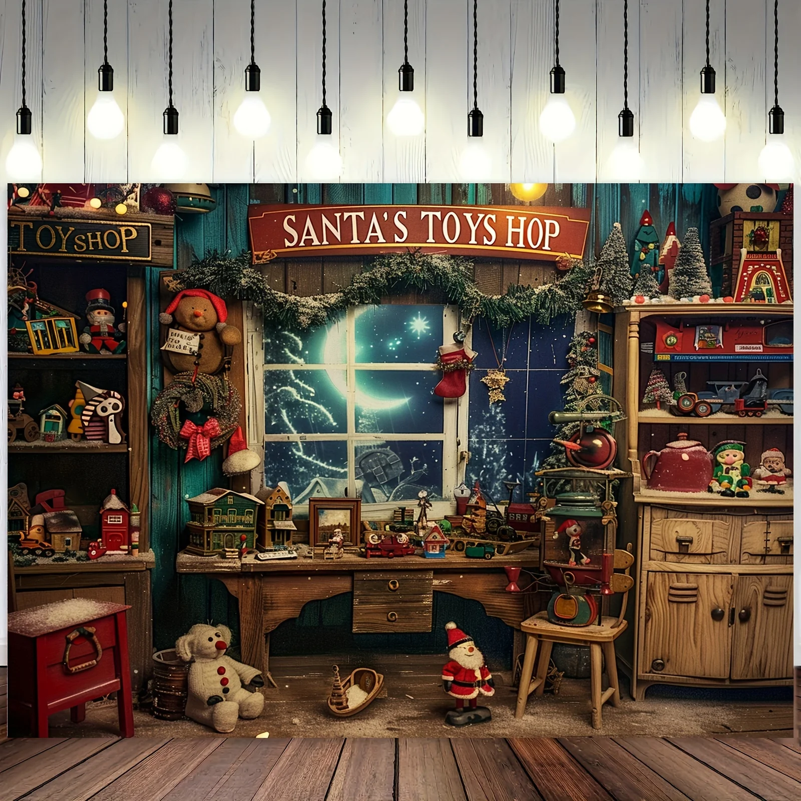Santa Claus Toy Store Christmas Background Cloth - Snow and Moon Patterns, Suitable for Family Portraits and Party Decoration