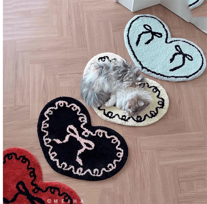 Bow Girl Tufted Carpet Heart Shape Floor Mat Rug Anti Slip Absorbent Window Bedroom Bedside Coffee Table Floor Mats