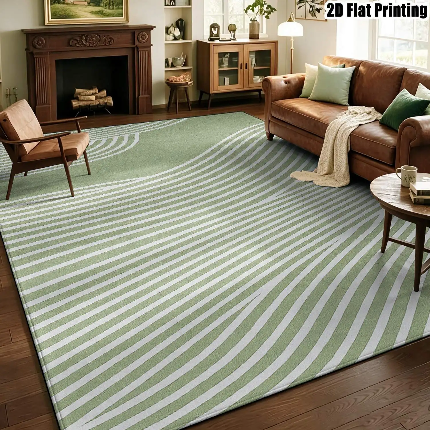 1Pc 2D Printed Nordic/Instagram Style Geometric Striped Carpet: Fresh Green Base with White Lines, Machine Washable, Multi-Size, Suitable for Home Decor, Entryway, Dining Room, Foyer, Living Room, Bedroom