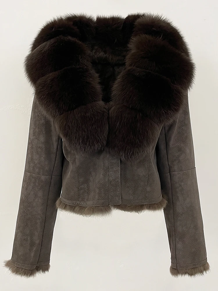 Nowa Jesienno-Zimowa Odzież Futrzana Prawdziwe Futro Królika Podszewka Kurtka Zamszowa Modna Krótka Naturalna Kołnierz z Futra Lisa Płaszcz Damski