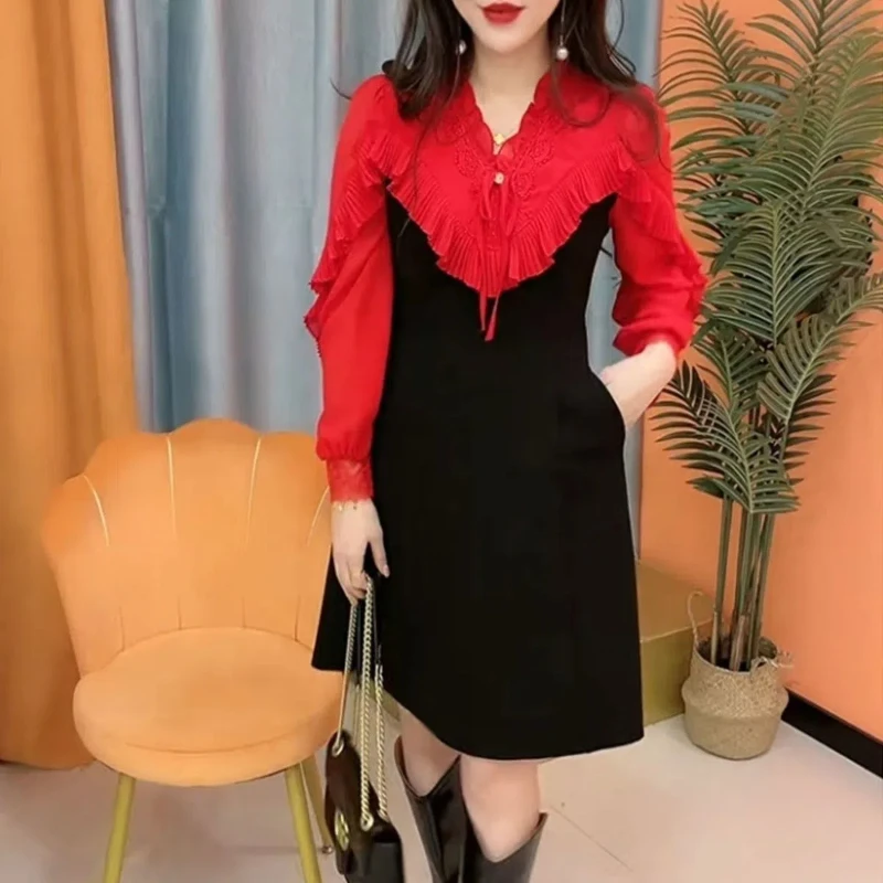 

2024 Spring/Summer New Style Style Splicing Age Reducing Slimming Stylish Three Sleeve Women's Dress with Mushroom Edge