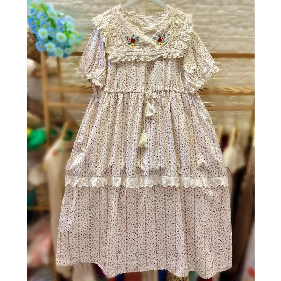 

Women Summer Cotton Rococo Ruffled Lace Floral Long Midi Dress Cottage Core Victorian Rococo Mori Girl Wedding Evening Dress