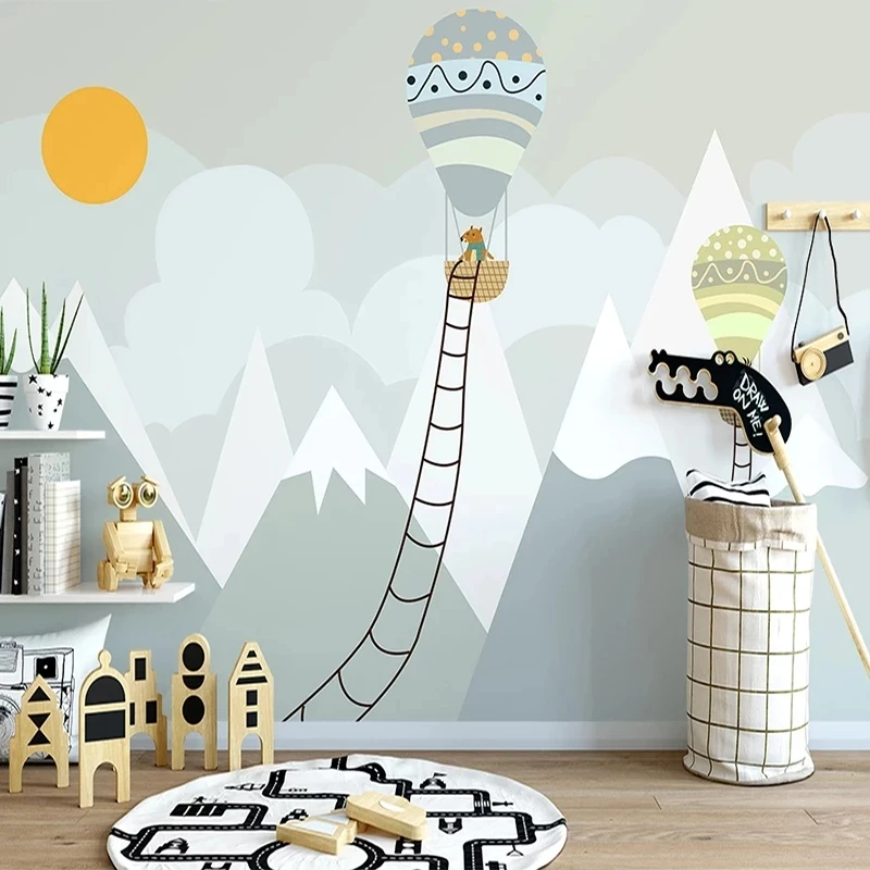 Customized 3D Wallpaper Modern Hand Painted Snow Mountain Animal Hot Air Balloon Mural Children's room Living room bedroom study