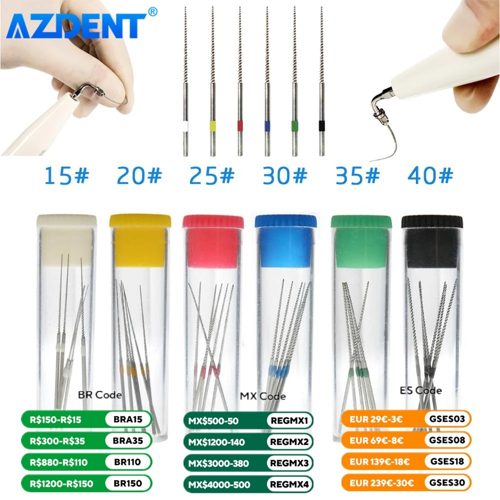 AZDENT Dental U Files Canal Root Canal Ultrasonic Opcjonalne rozmiary używane do endodontycznego czyszczenia korzeni 15-40 #   33 mm 6 szt./op.