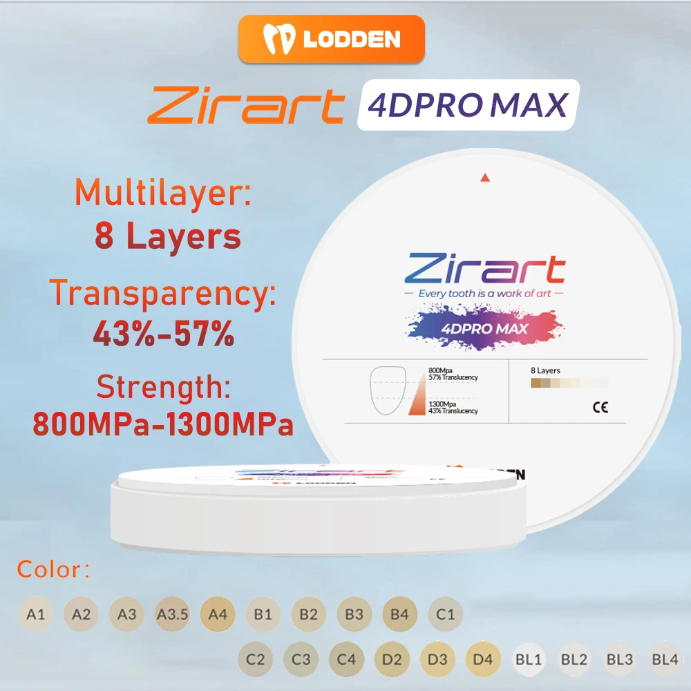 Lodden 4D PRO MAX Zirconia Dental Multilayer Block 98mm VITA16 Colors Super Translucent Dental Zirconia Disc Block for CAD CAM