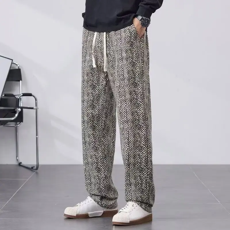 

Men's Herringbone Print Wide Leg Pants Drawstring Waist Loose Fit Casual Streetwear Trousers