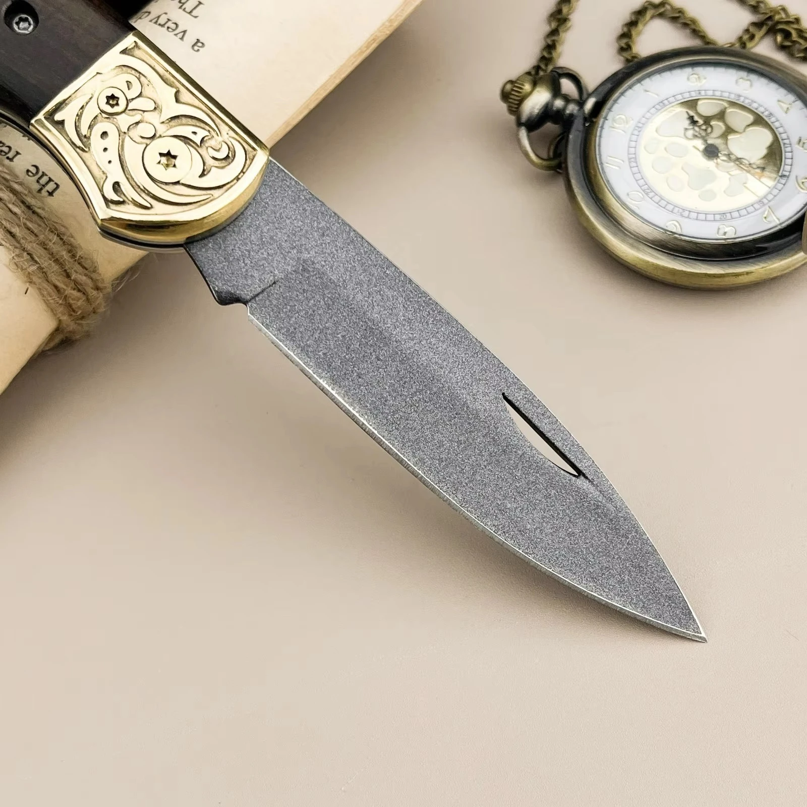 Wooden Handle Folding Knife Three Layer D2 Steel High Hardness Small Knife Brass Relief Camping Multifunctional Knife