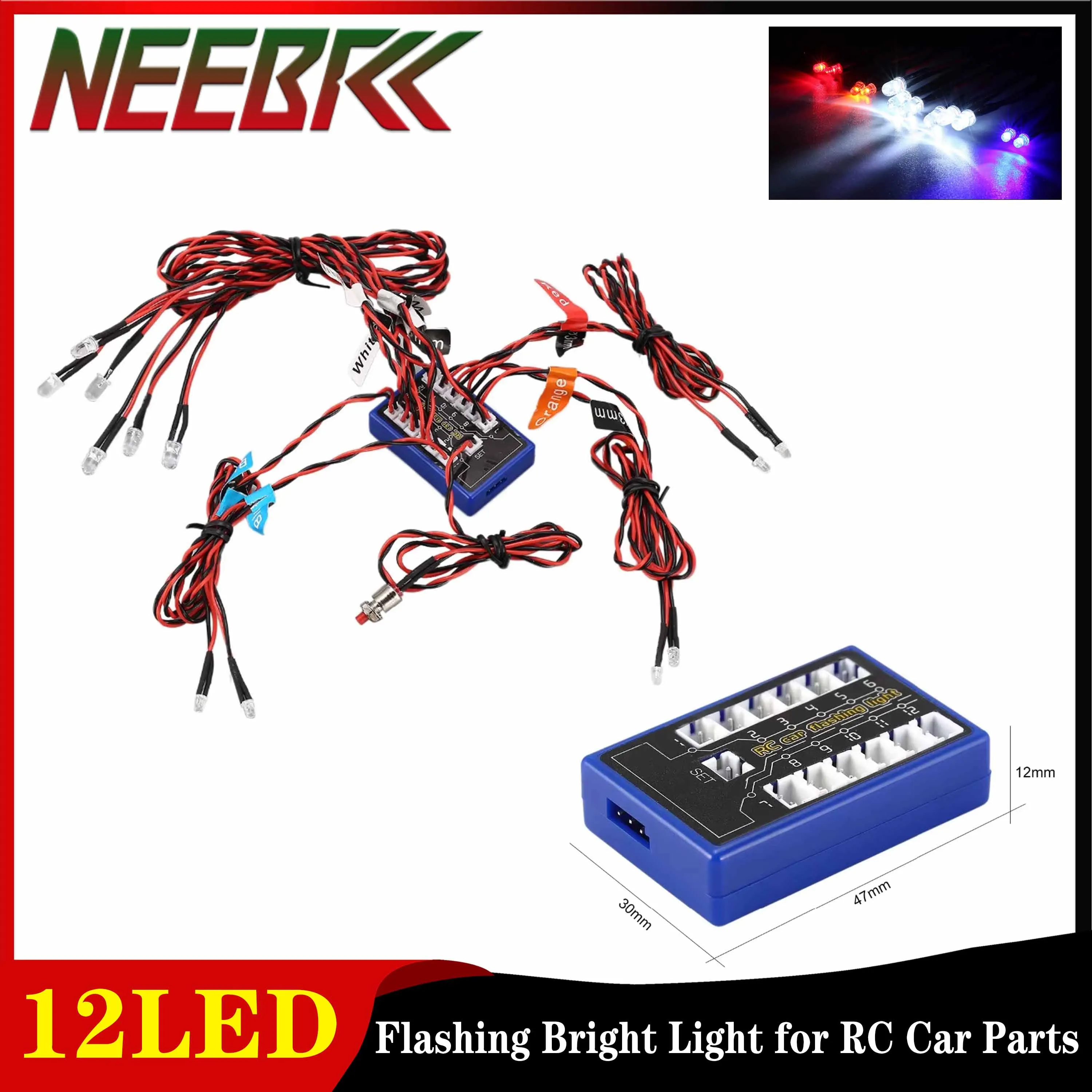 NEEBRC 12 LED Flashing Bright Light Steering Brake Strobe Light Kit System for 1/10 1/8 RC Car Drift Truck TAMIYA CC01 4WD Parts
