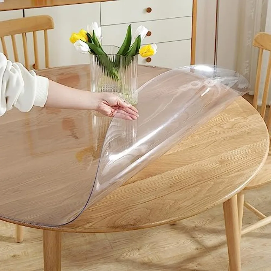 

Round Table Cover Protector 47 Inch Thick Table Protector for Dining Room Waterproof Plastic Cover PVC Vinyl Tablecloth Circle
