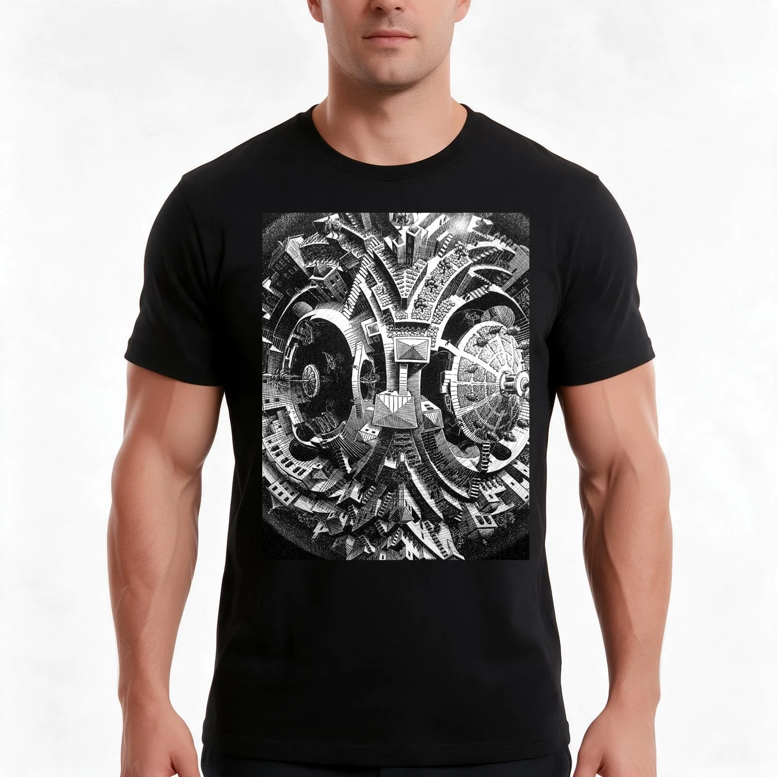 M.C. Escher T-Shirt, Summer Casual Cotton Tee, Oversized Streetwear Tops, Vintage Graphic Print, Loose Fit Short Sleeve