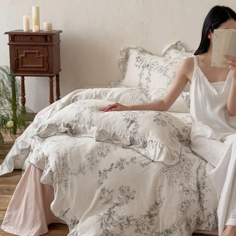 French Cotton Double-layer Gauze Super Soft Four-piece Set Printing Lotus Leaf Edge Quilt Cover Sheet Pillowcase Bedding Set