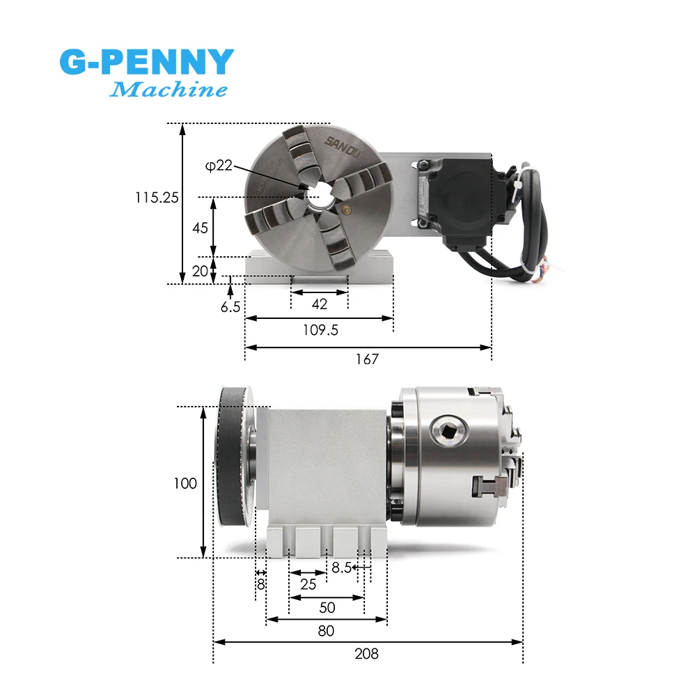 4th Axis 3/4Jaw 100mm 2.2Nm NEMA23 Closed Loop Tailstock CNC Dividing Head Rotation Milling Machine Kit