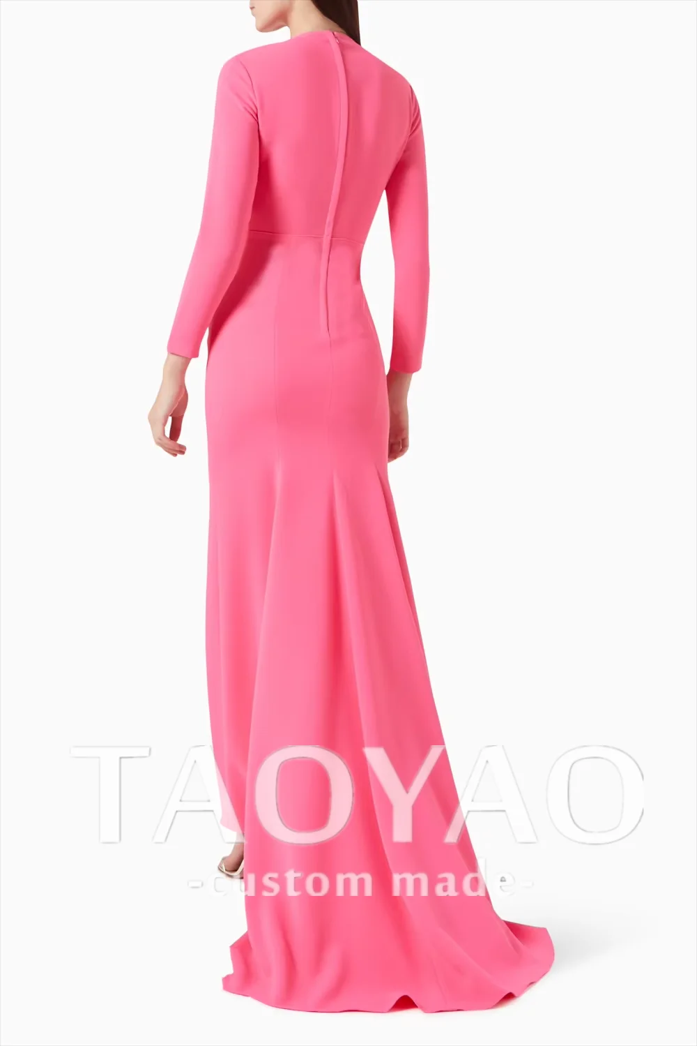 Elegant Pink Chiffon Mermaid Women\'s Formal Evening Dress with O Neck Long Sleeves Ruffles Ankle-length Crepe Party Gowns