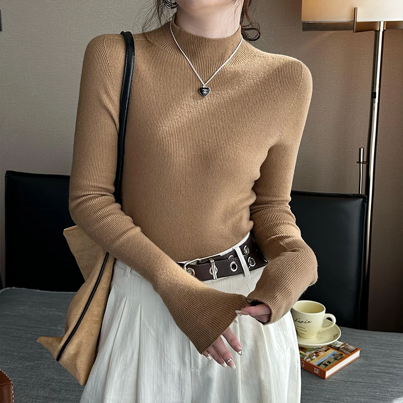 Hot Sale Women Sweater Autumn Mock Neck Vintage Basic Solid Knitted Tops Slim Pullover Korean Sweaters Long Sleeve Clothes 90s