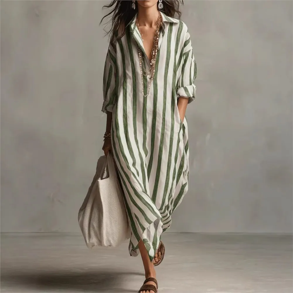 Spring Summer Deep Vneck Printed Striped Long-sleeved Shirt Women's Dress Casual Loose Pocket Vacation Pullover Long Shirt Dress