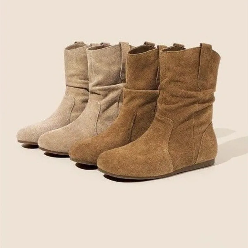 2025 الخريف/الشتاء جديد الكورية أحذية بوت قصيرة المرأة رئيس مستدير الجلد المدبوغ شقة أحذية الموضة ركاب تنوعا Boken كومة الأحذية